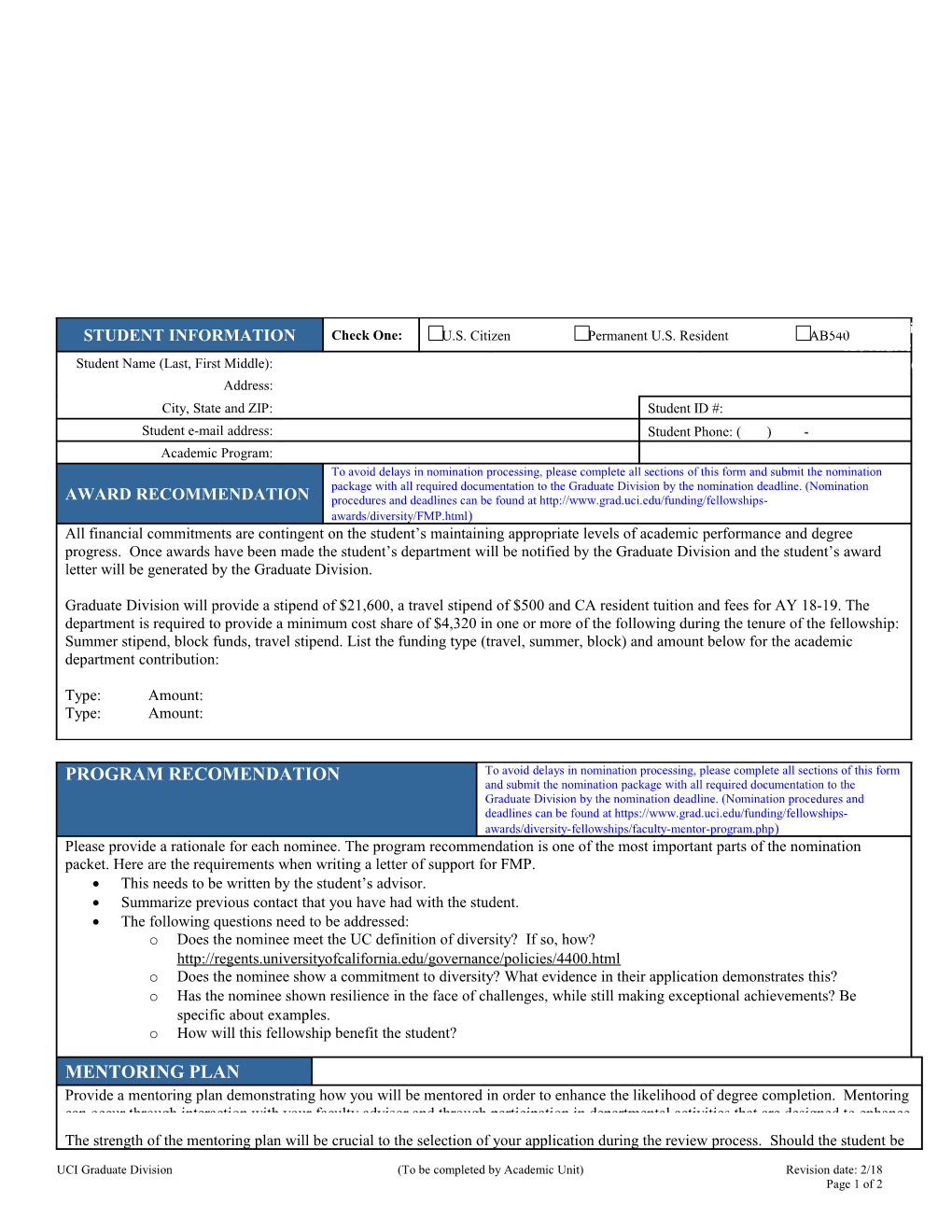 UCI Graduate Division(To Be Completed by Academic Unit)Revision Date: 2/18