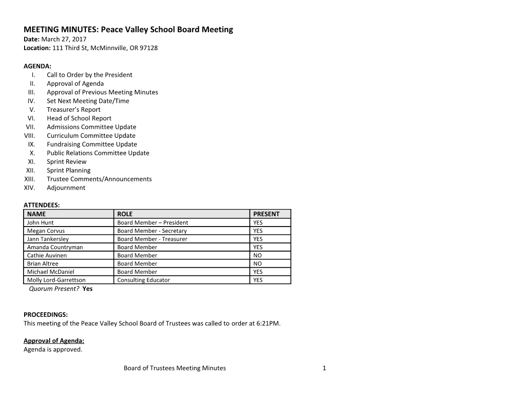 MEETING MINUTES: Peace Valley School Board Meeting