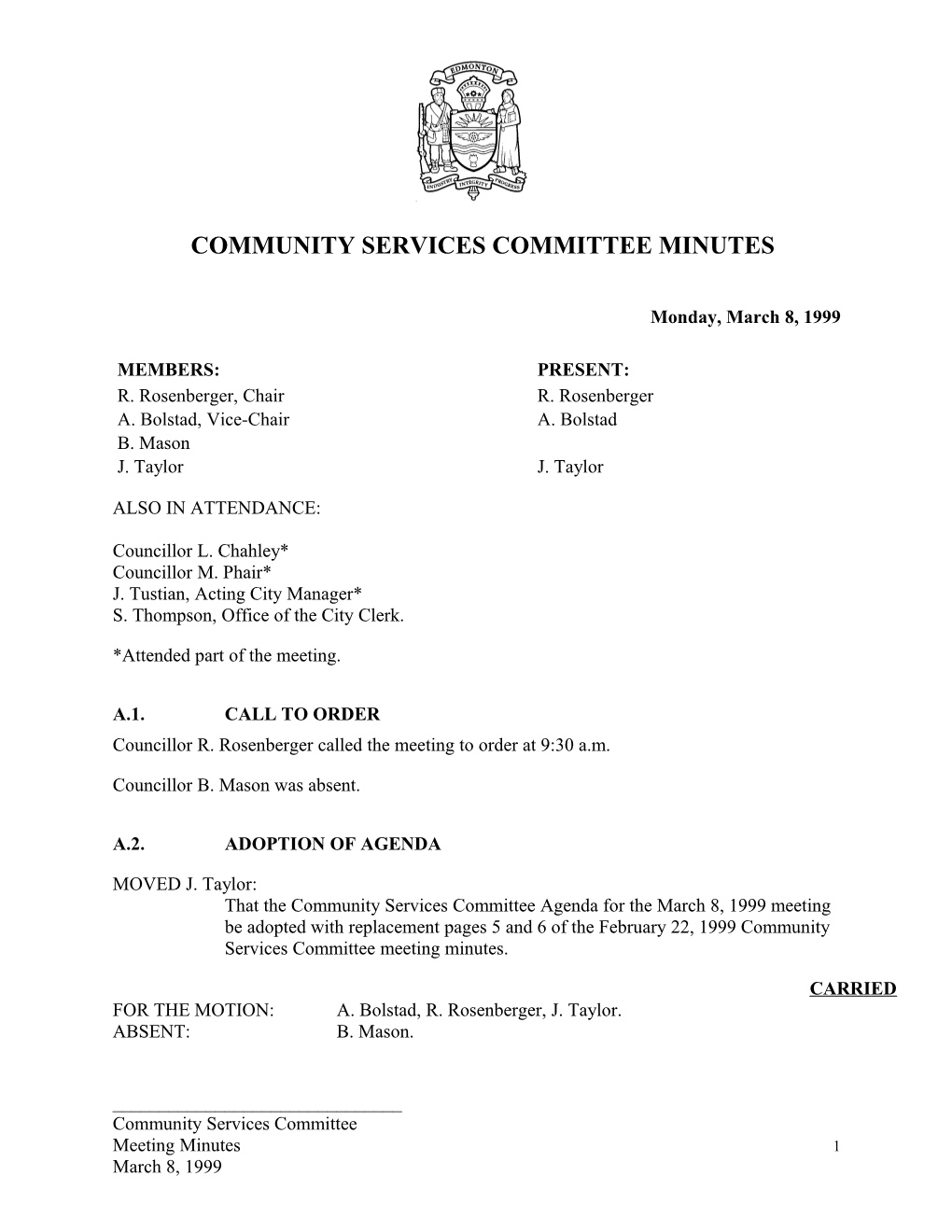 Minutes for Community Services Committee March 8, 1999 Meeting