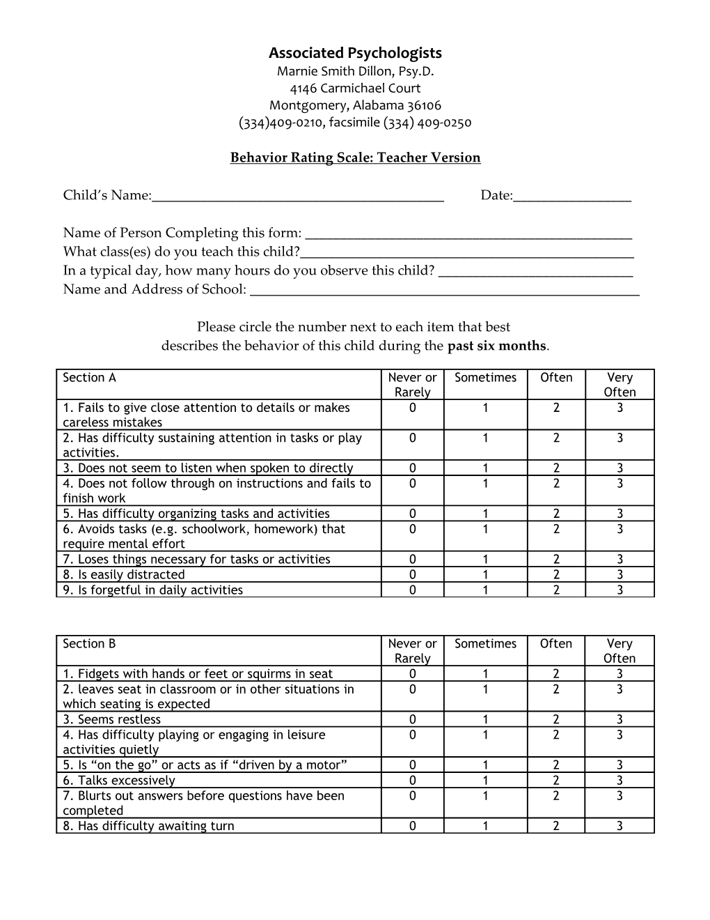 Behavior Rating Scale: Teacher Form