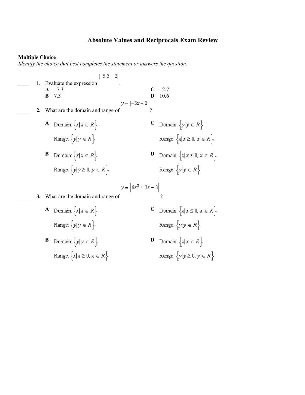 Absolute Values and Reciprocals Exam Review
