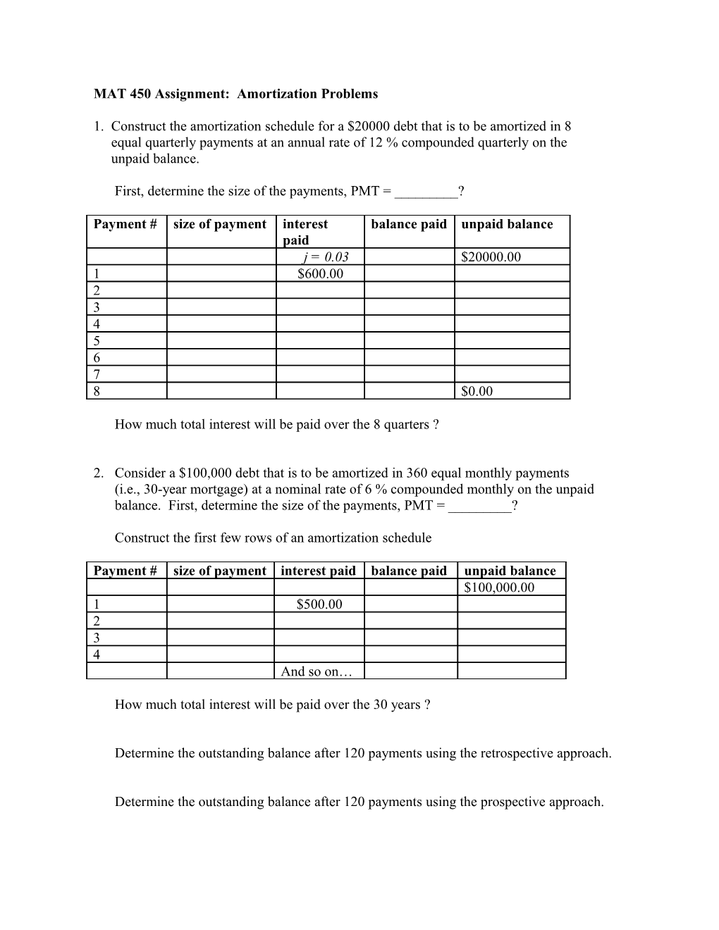 MAT 450 Assignment: Amortization Problems