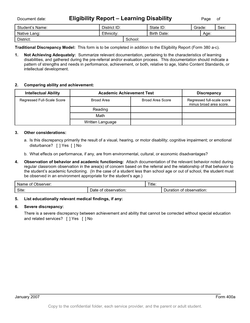 Traditional Discrepancy Model: This Form Is to Be Completed in Addition to the Eligibility