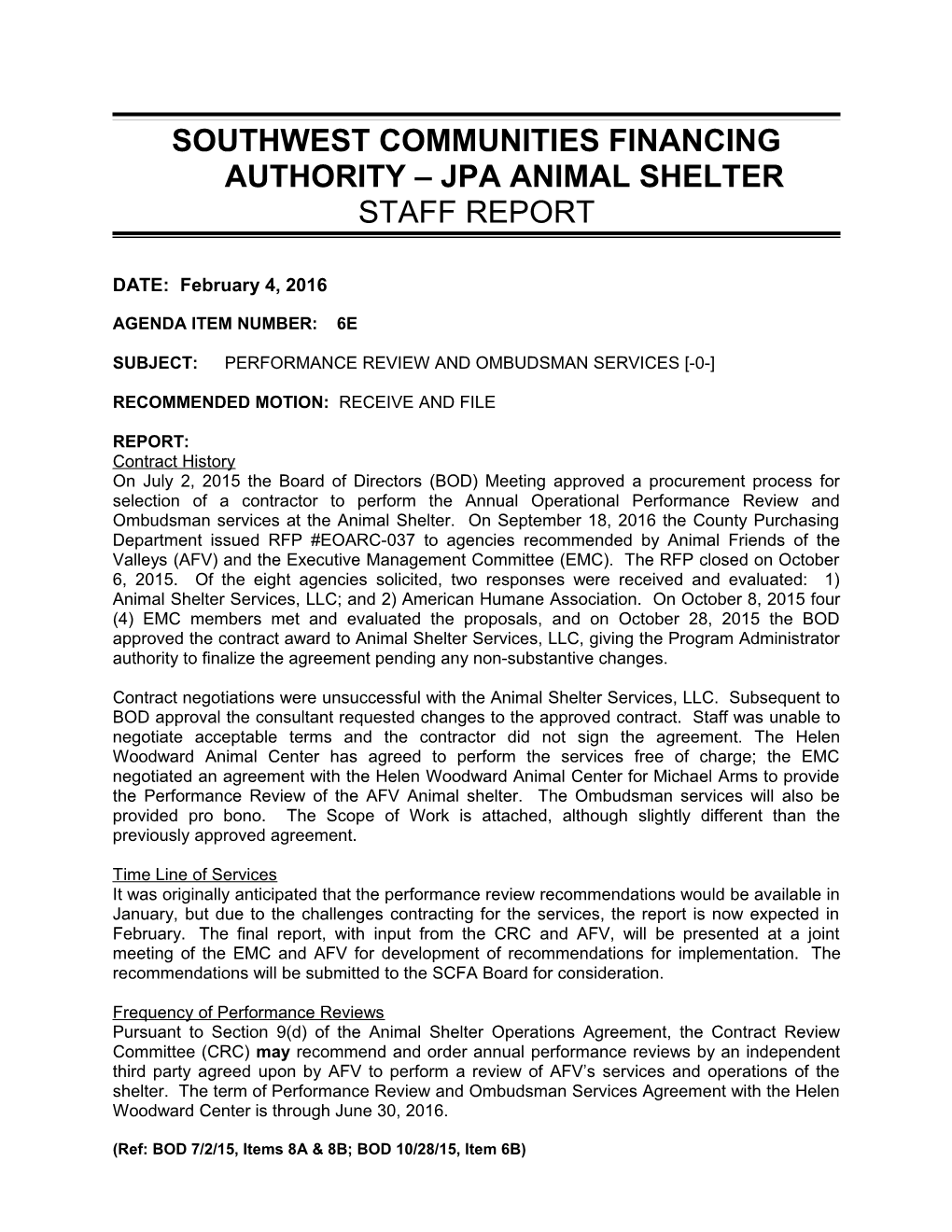 Southwest Communities Financing Authority Jpa Animal Shelter