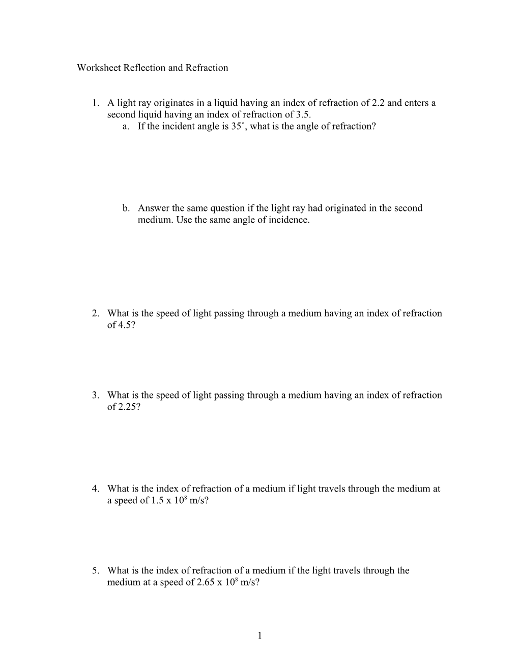 Worksheet Reflection And Refraction