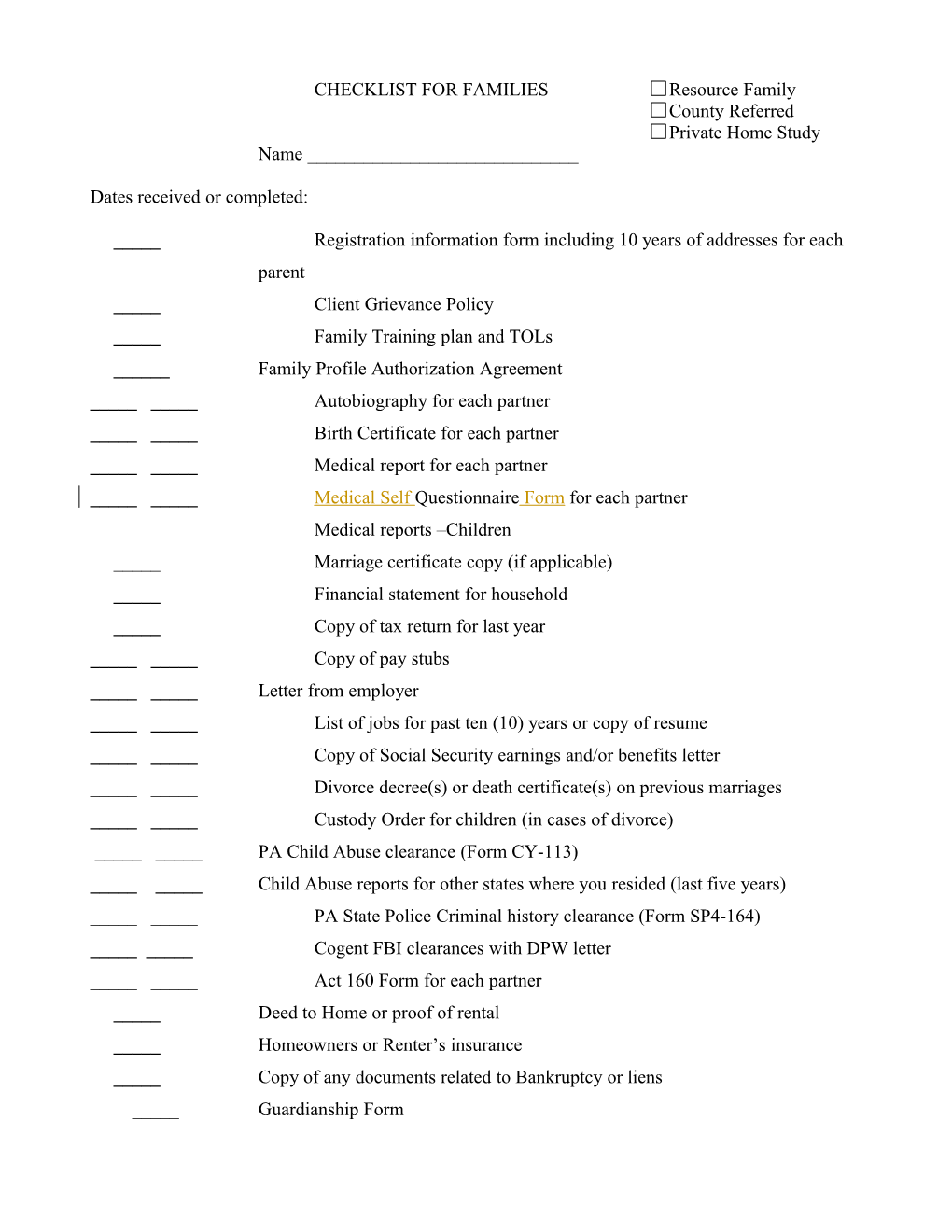 Resource Family Checklist for Approval Document