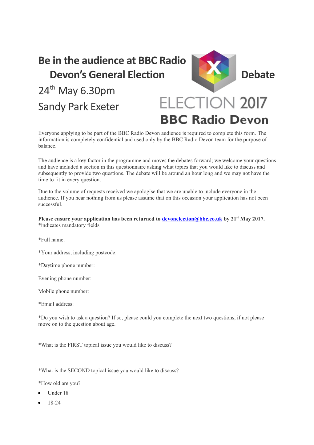 Be in the Audience at BBC Radio Devon S General Election Debate