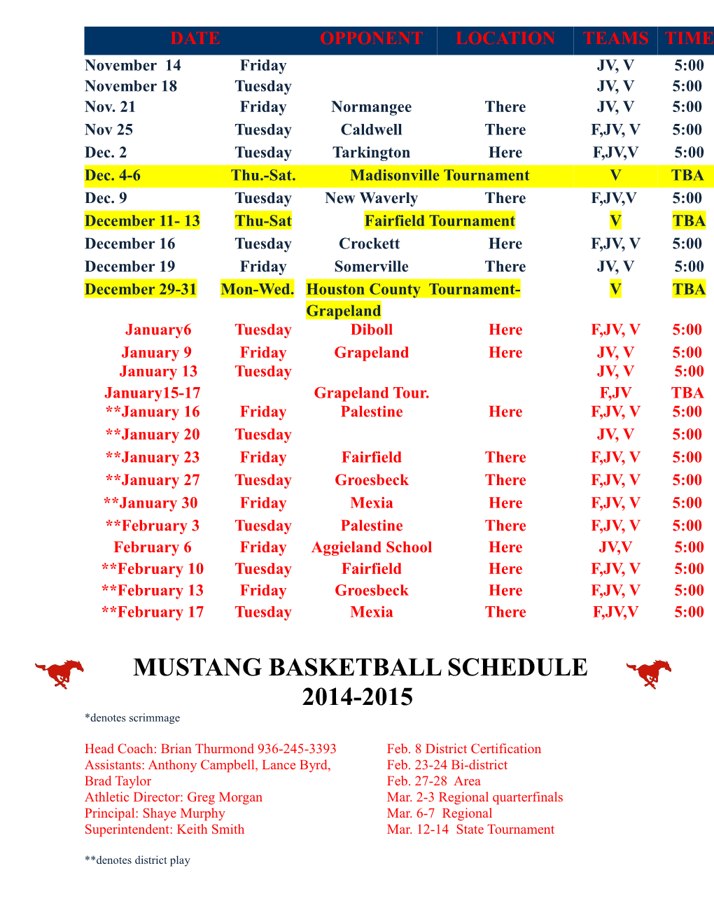 Mustang Basketball Schedule