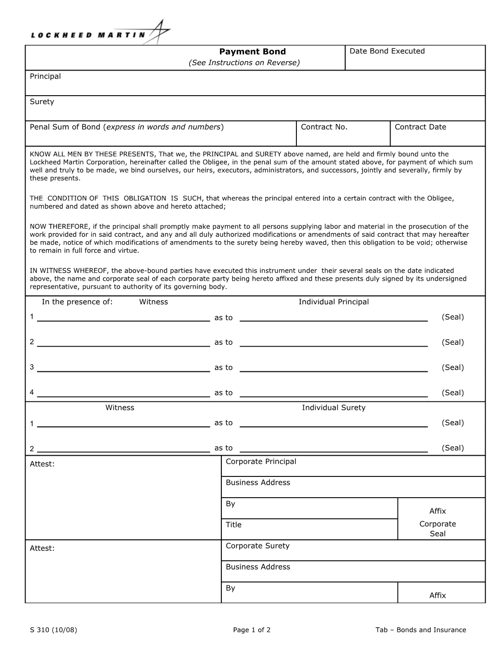 Payment Bond (See Instructions on Reverse)