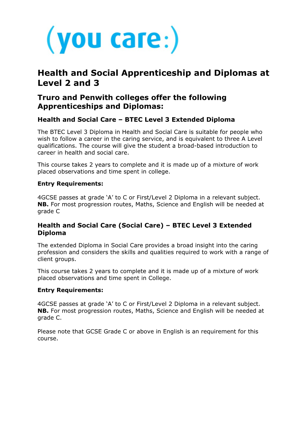 Health and Social Apprenticeship and Diplomas at Level 2 and 3