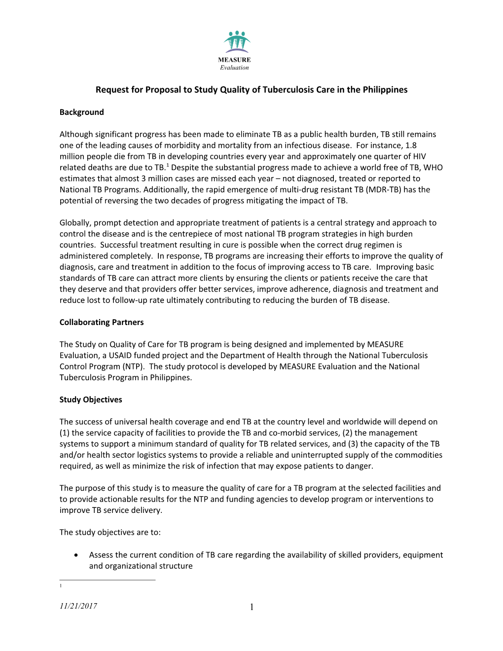 Request for Proposal to Study Quality of Tuberculosis Care in the Philippines