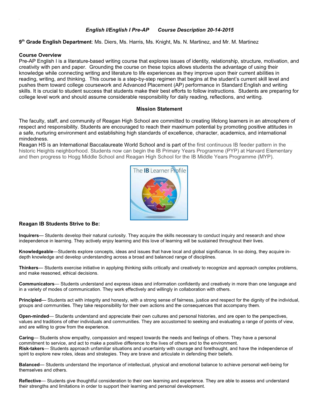 English I/English I Pre-AP Course Description 20-14-2015