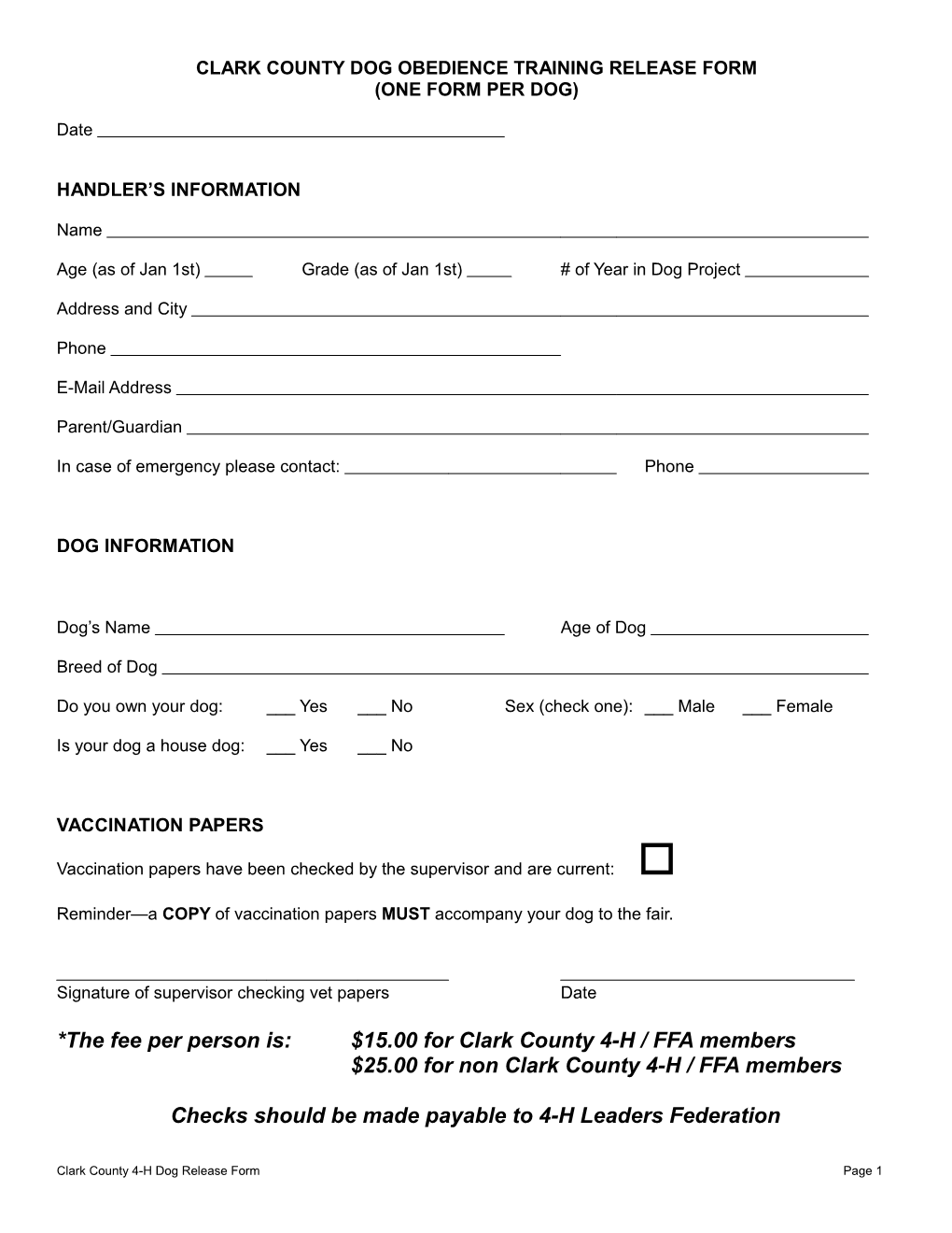 Clark County Dog Obedience Training Release Form