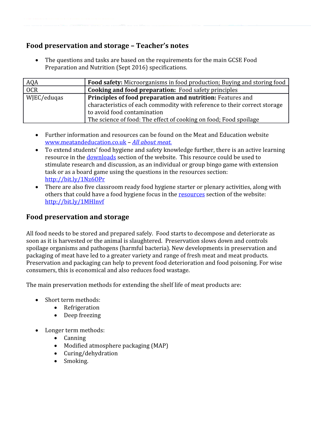 Food Preservation and Storage Teacher S Notes