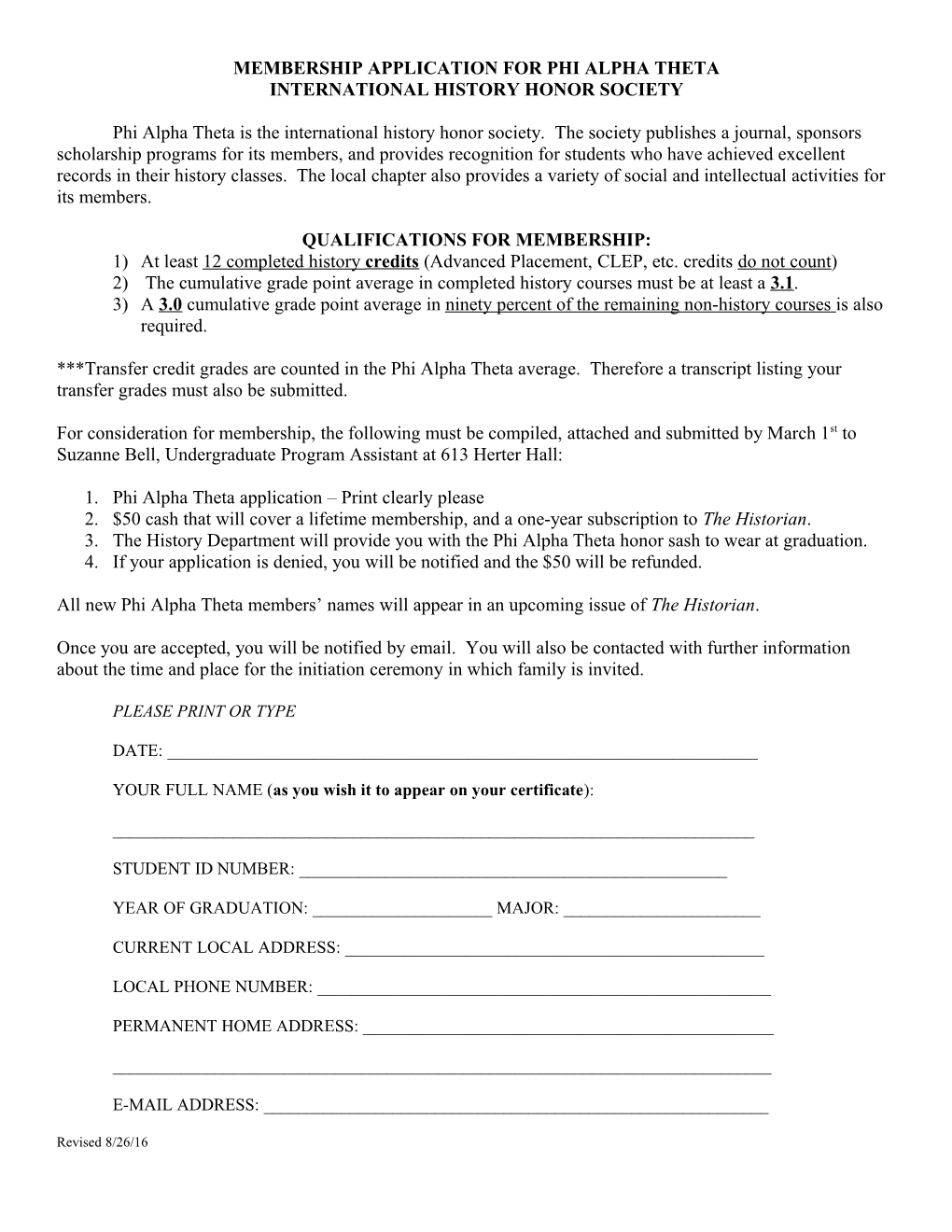 Membership Application for Phi Alpha Theta