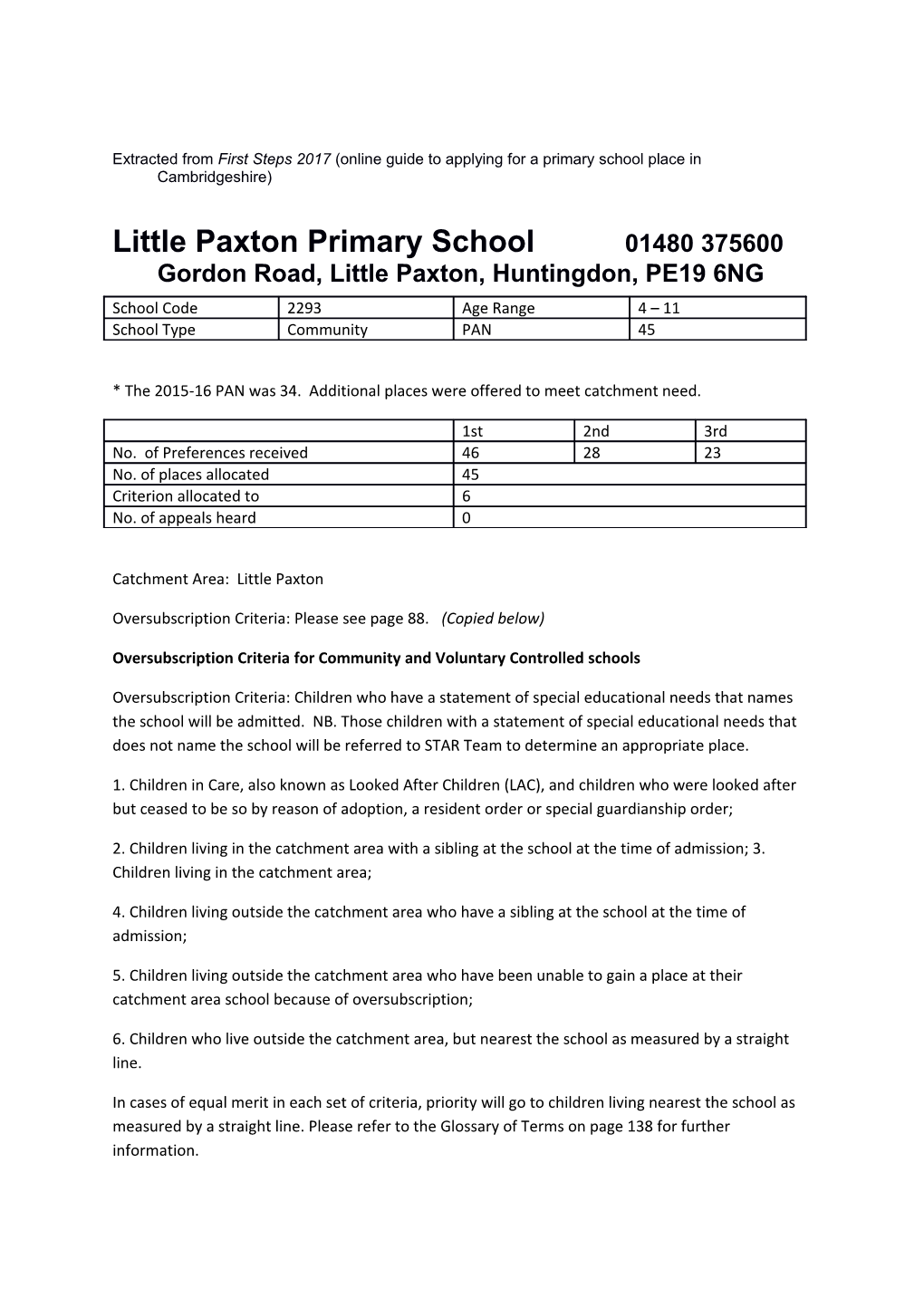 Little Paxton Primary School 01480 375600 Gordon Road, Little Paxton, Huntingdon, PE19 6NG