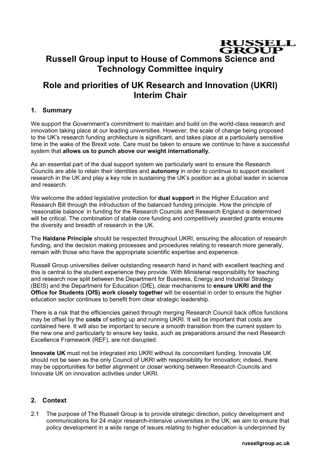 Russell Group Input to House of Commons Science and Technology Committee Inquiry