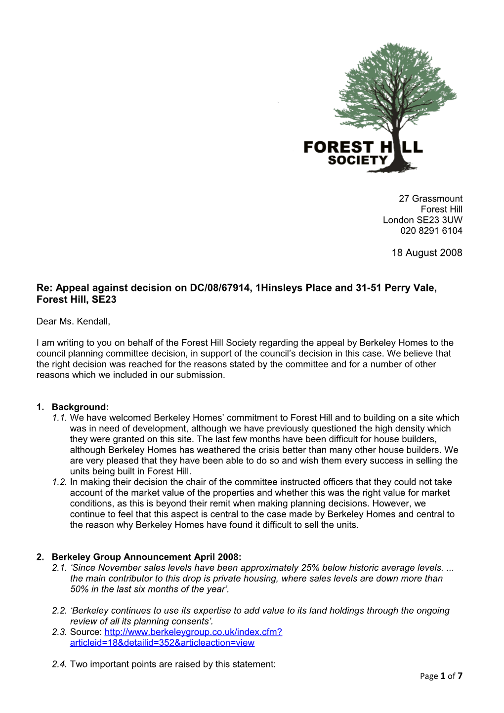 Re: Appeal Against Decision on DC/08/67914, 1Hinsleys Place and 31-51 Perry Vale, Forest