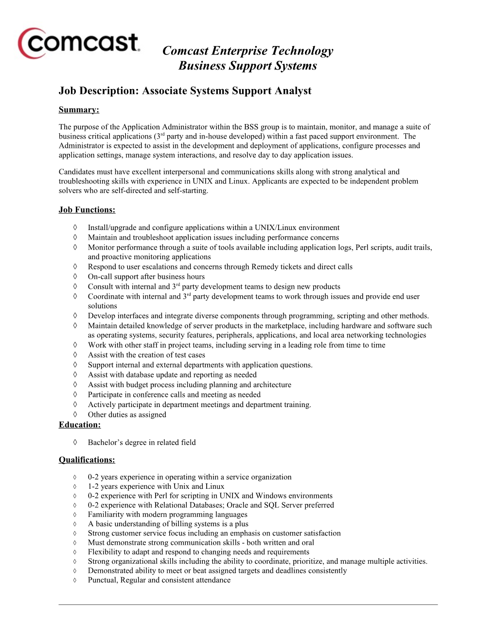 Job Description: Associate Systems Support Analyst