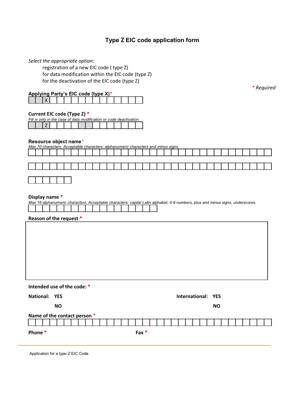 Type Z EIC Code Application Form