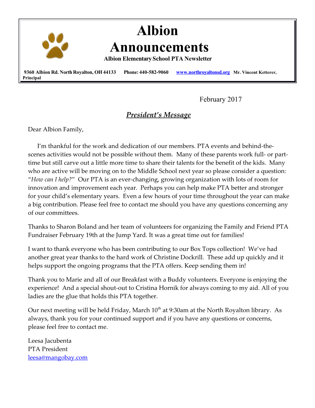 Albion Elementary School PTA Newsletter