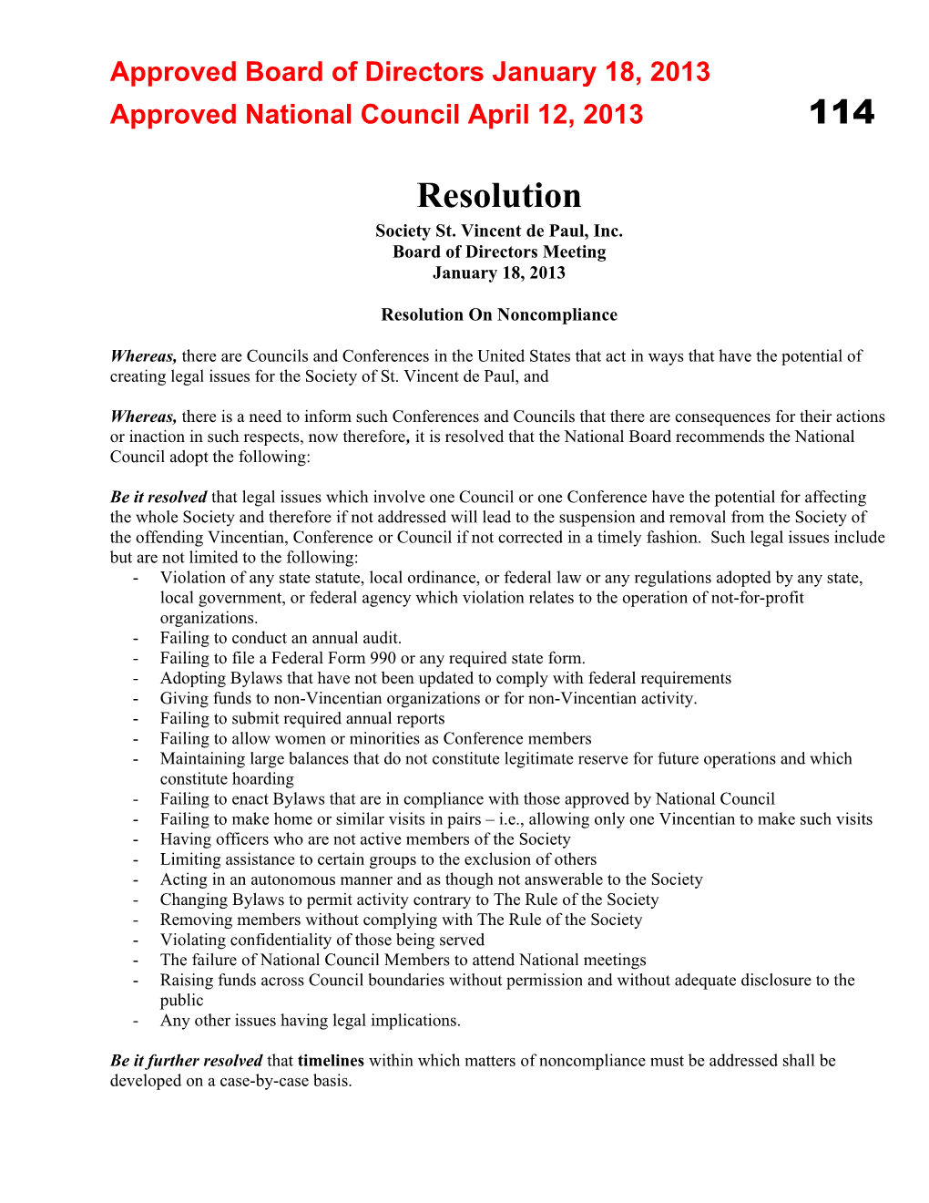 Resolution on Noncompliance