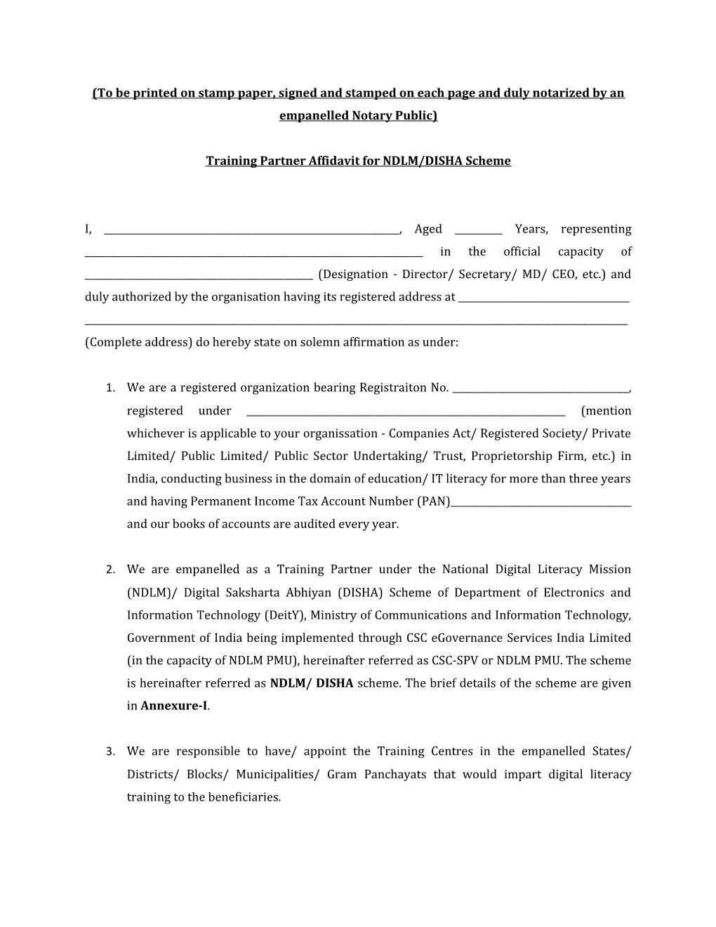 Training Partner Affidavit for NDLM/DISHA Scheme