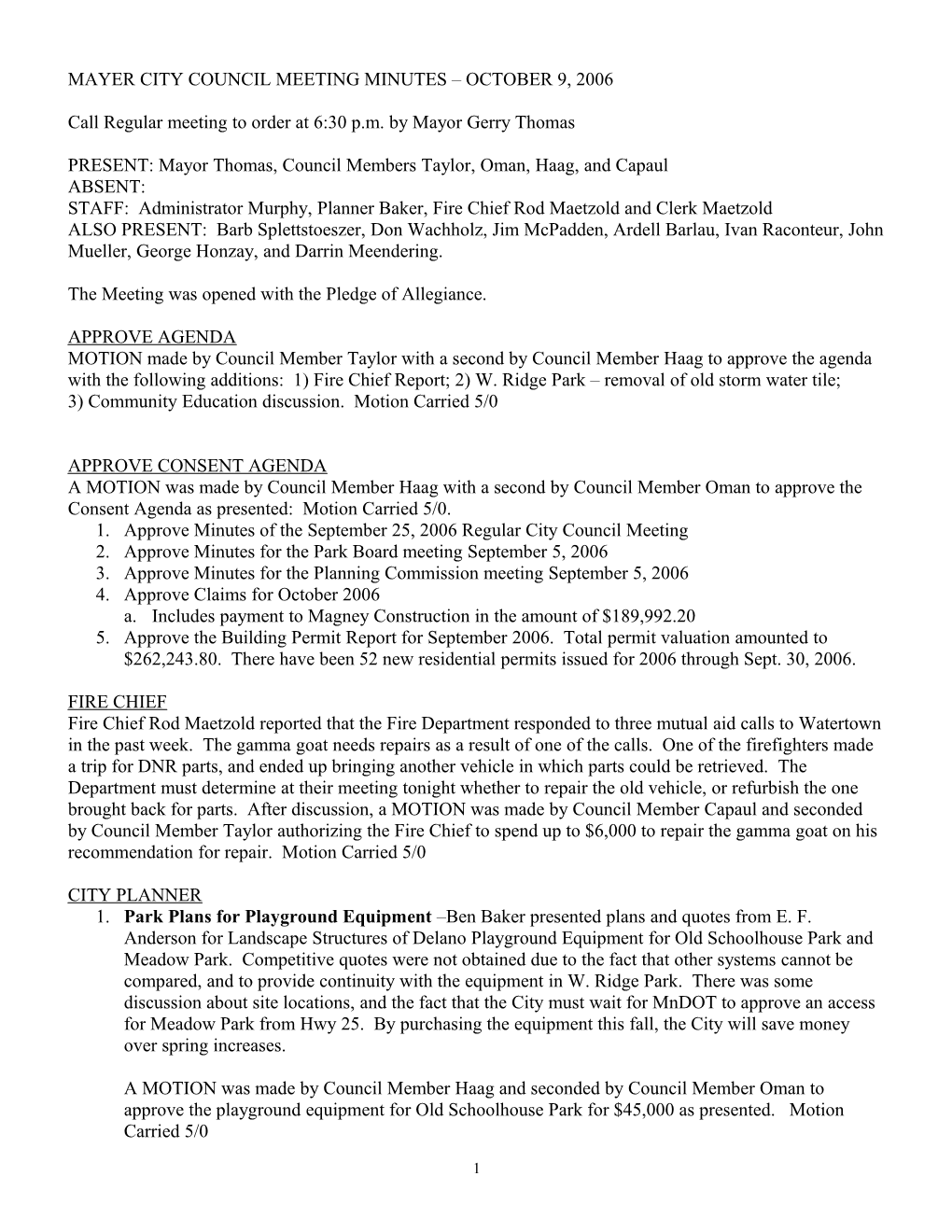 Mayer City Council Meeting Minutes - June 28, 1999 s2