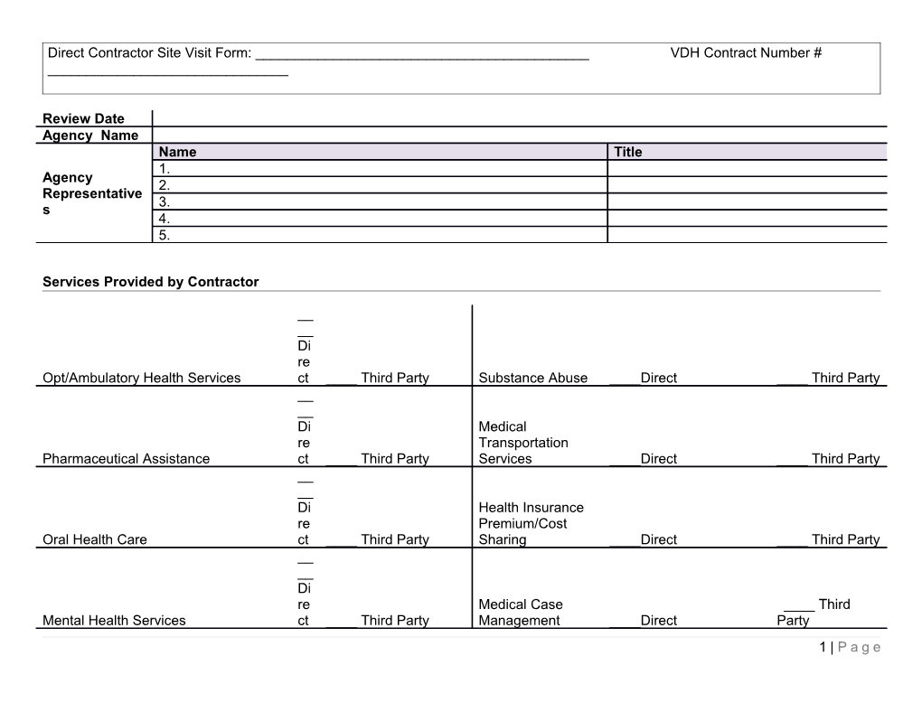 Direct Contractor Site Visit Form: ______VDH Contract Number # ______