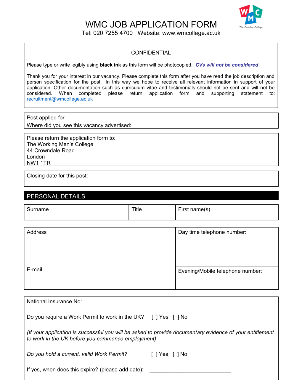 Wmc Job Application Form