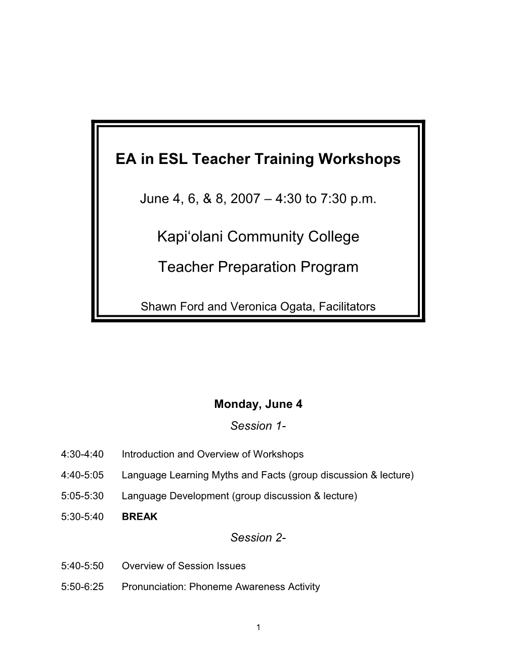 EA in ESL Teacher Training Workshops