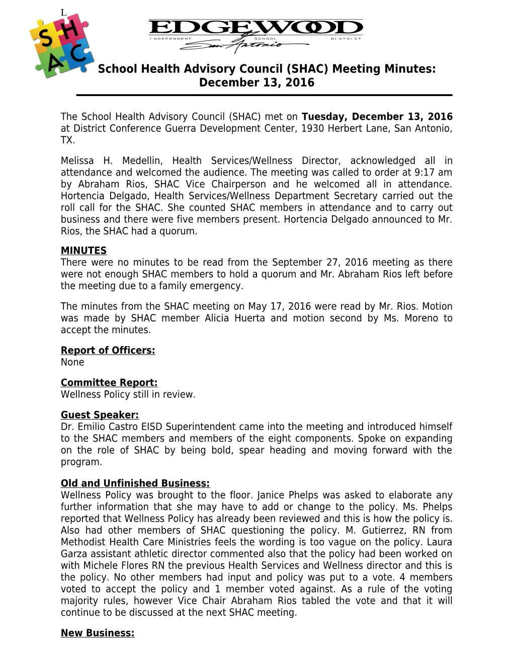 School Health Advisory Council (SHAC) Meeting Minutes: December 13, 2016