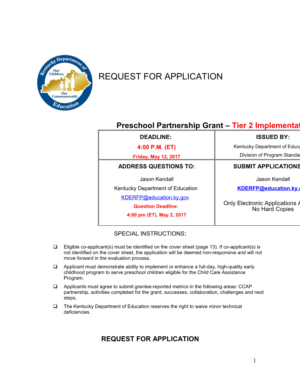 Preschool Partnership Grant Tier 2 Implementation Request for Application