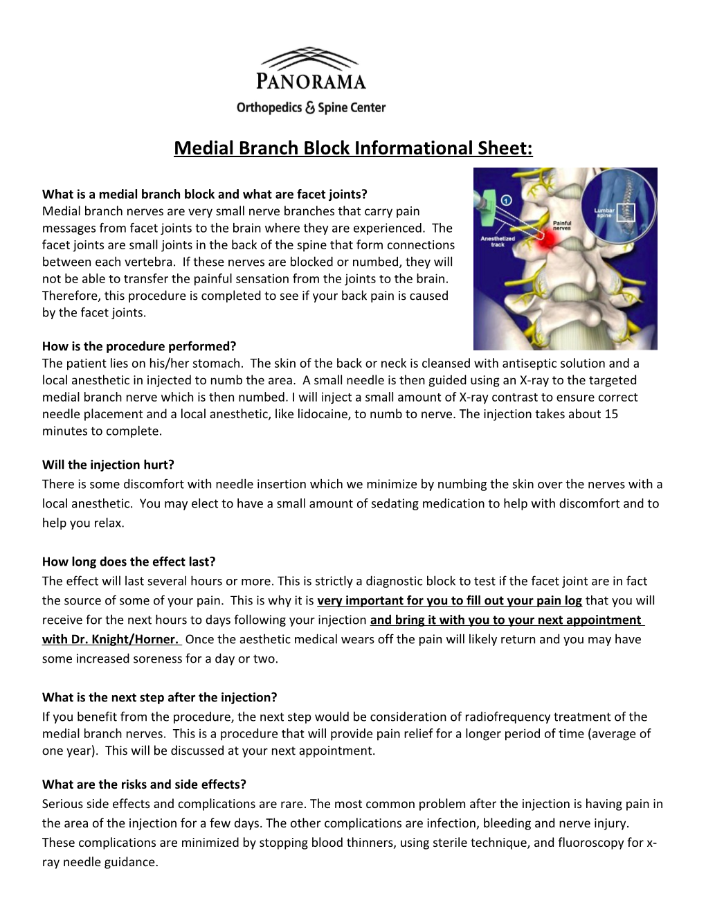 Medial Branch Block Informational Sheet