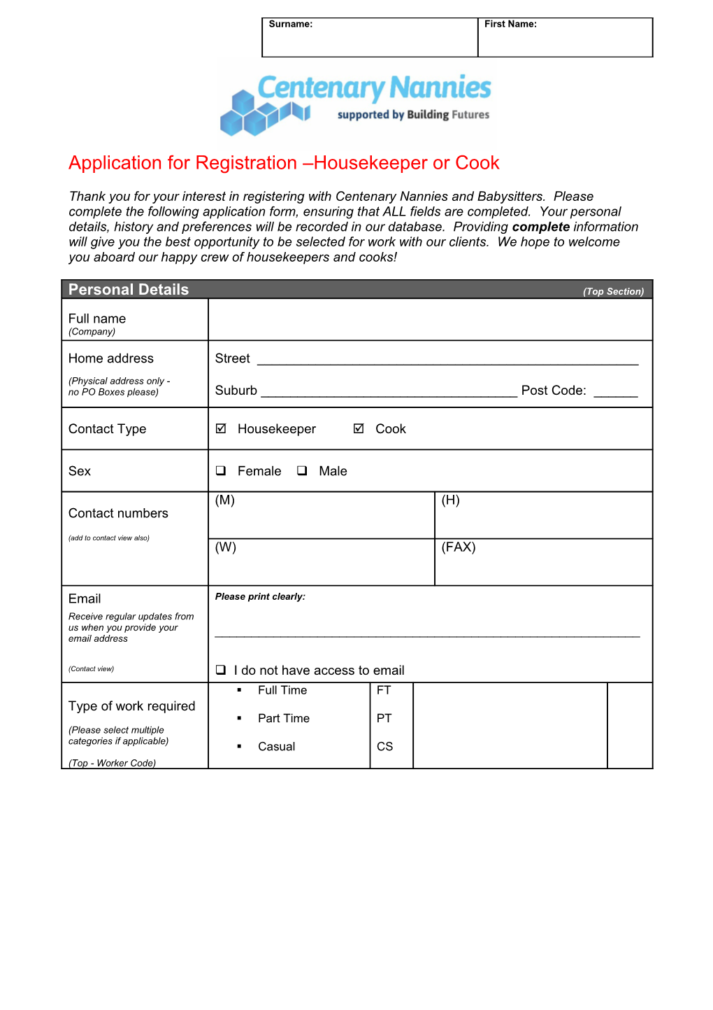 Application for Registration Housekeeper Or Cook