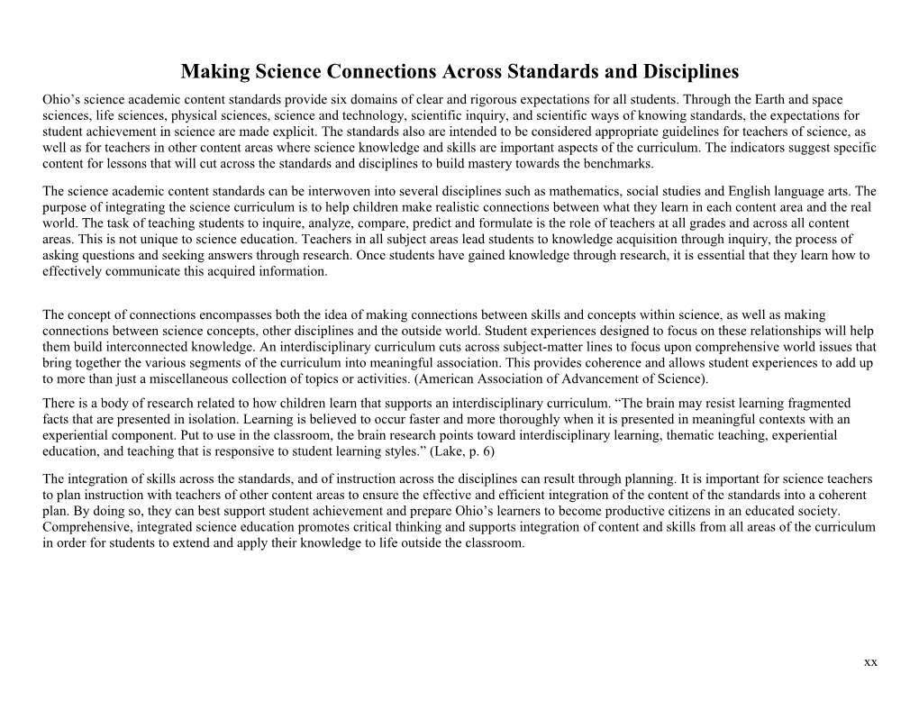 Making Science Connections Across Standards and Disciplines