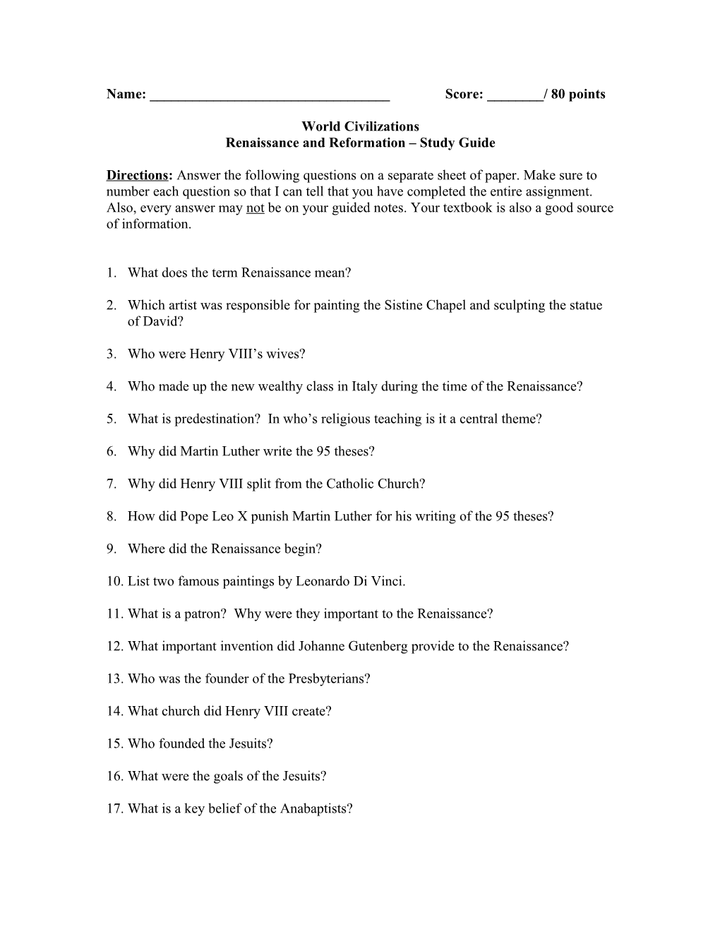Renaissance and Reformation Study Guide