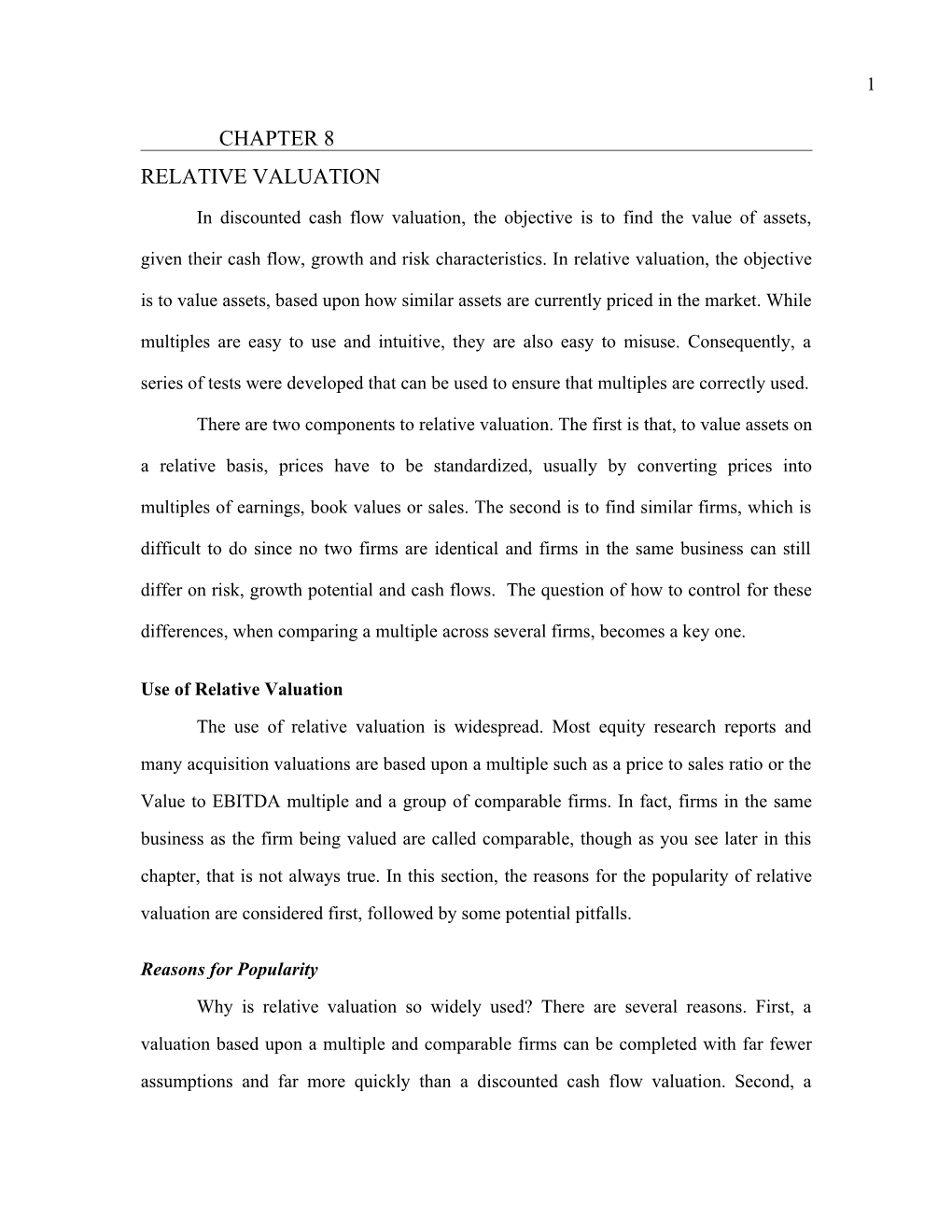 Chapter 8: Relative Valuation & Use Of Relative Valuation