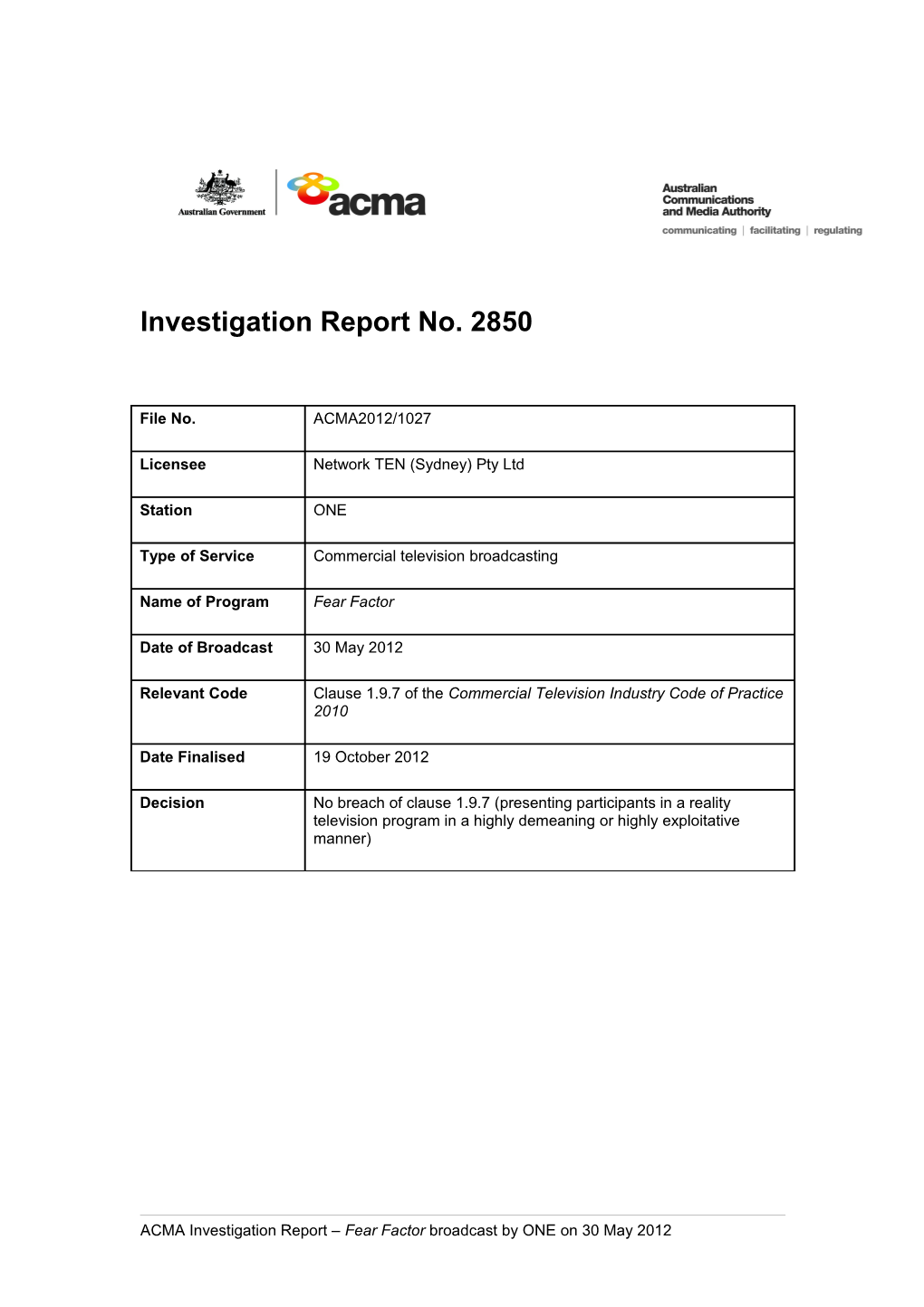 ONE TV - ACMA Investigation Report 2850