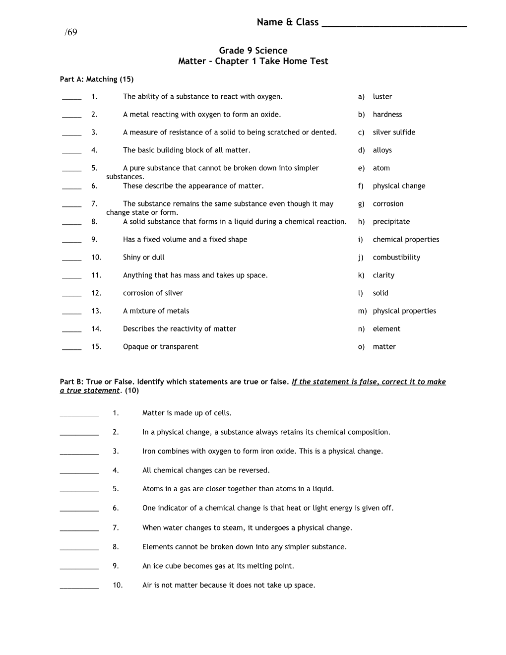 Matter - Chapter 1 Take Home Test