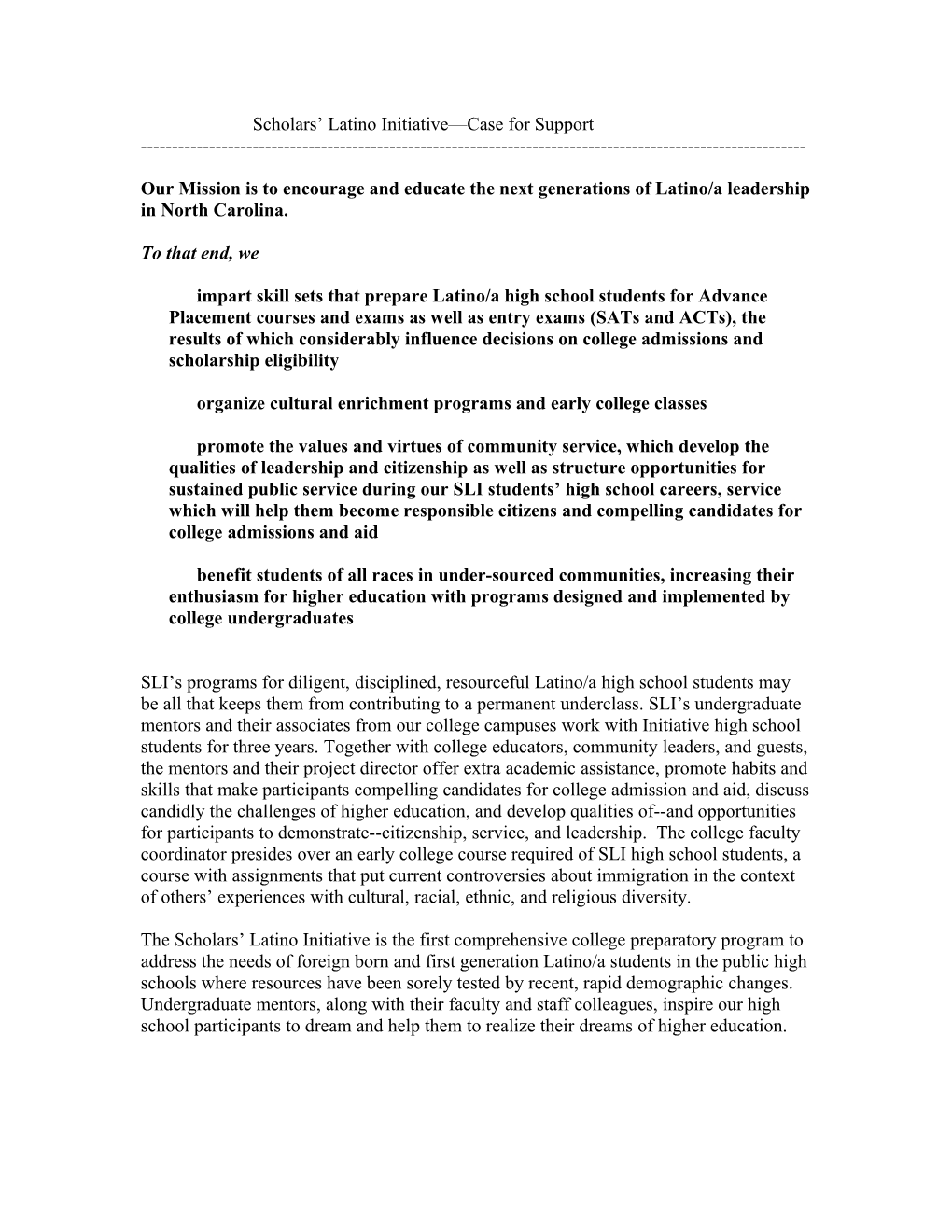 Scholars Latino Initiative Business Plan: Draft #1