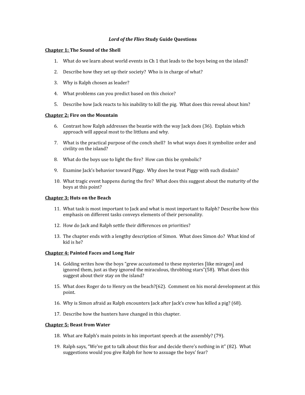 Lord of the Flies Study Guide Questions