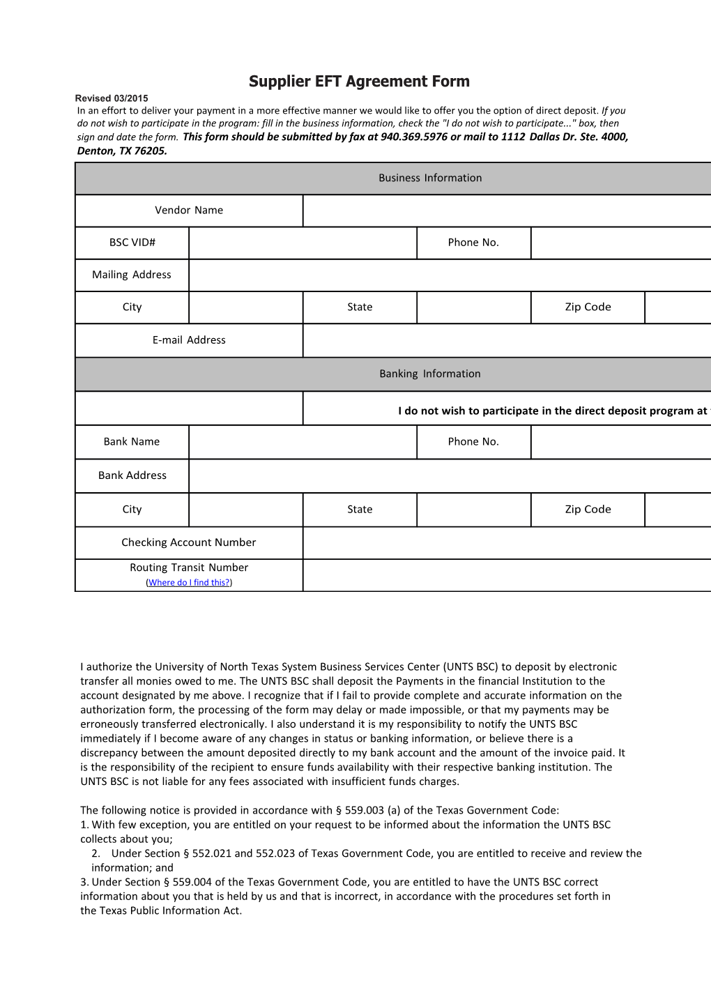Supplier EFT Agreement Form