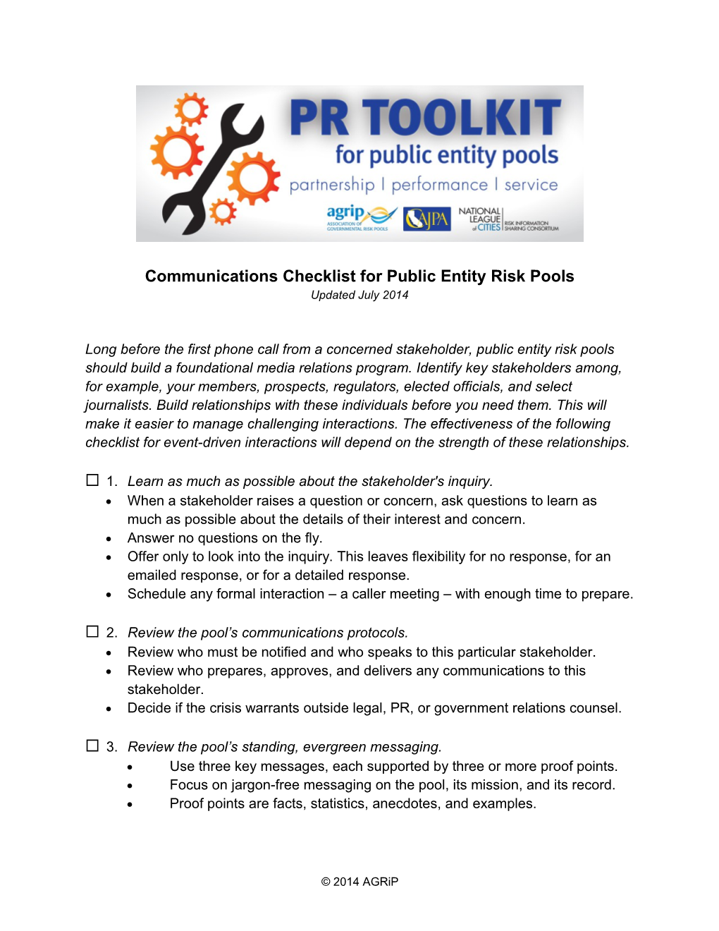 Communications Checklist for Public Entity Risk Pools