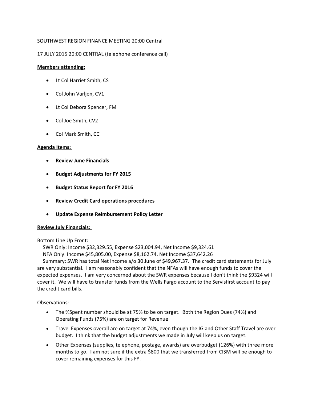 SOUTHWEST REGION FINANCE MEETING 20:00 Central