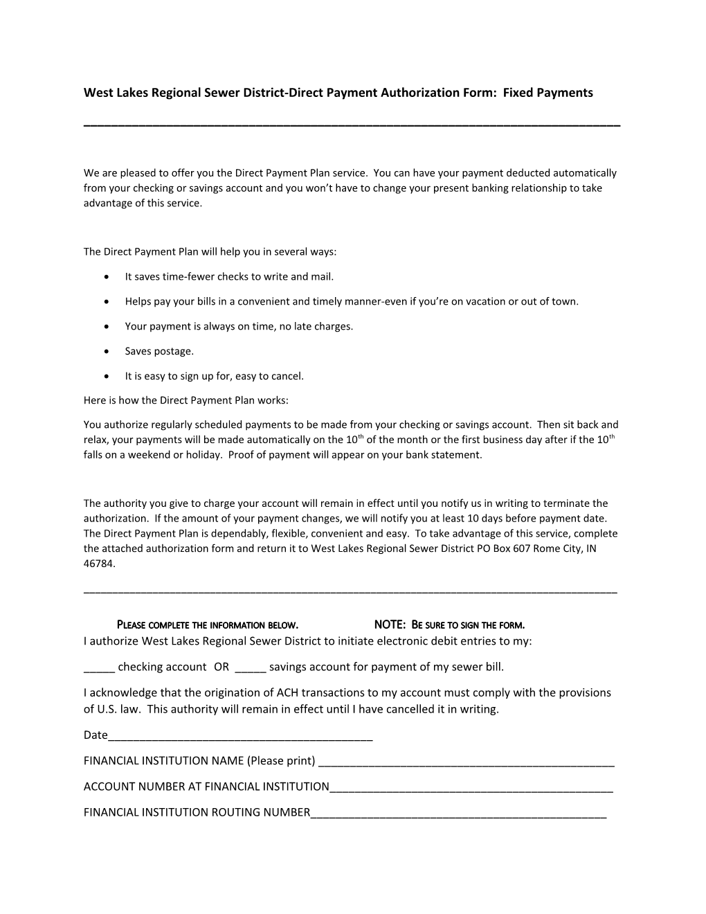 West Lakes Regional Sewer District-Direct Payment Authorization Form: Fixed Payments