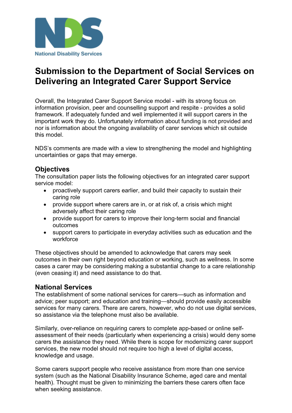 Submission to the Department of Social Services on Delivering an Integrated Carer Support