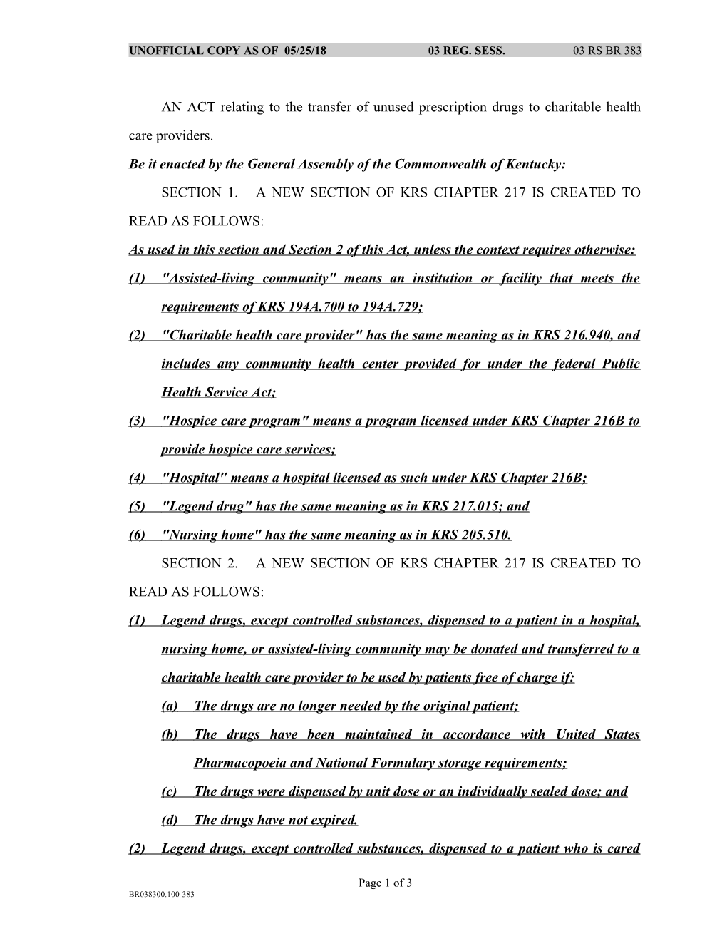 AN ACT Relating to the Transfer of Unused Prescription Drugs to Charitable Health Care