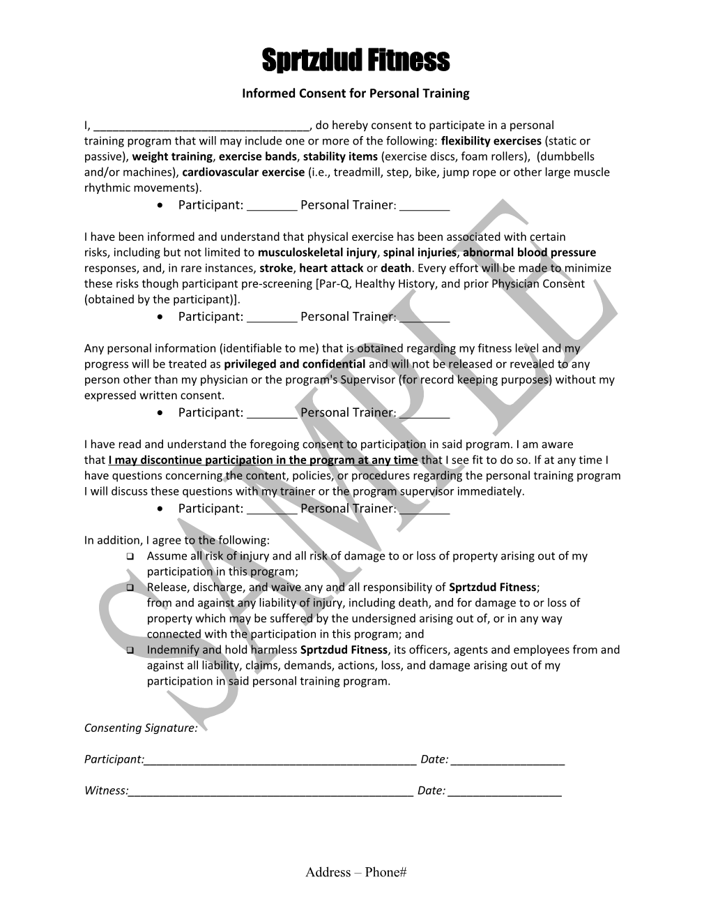 Informed Consent for Personal Training