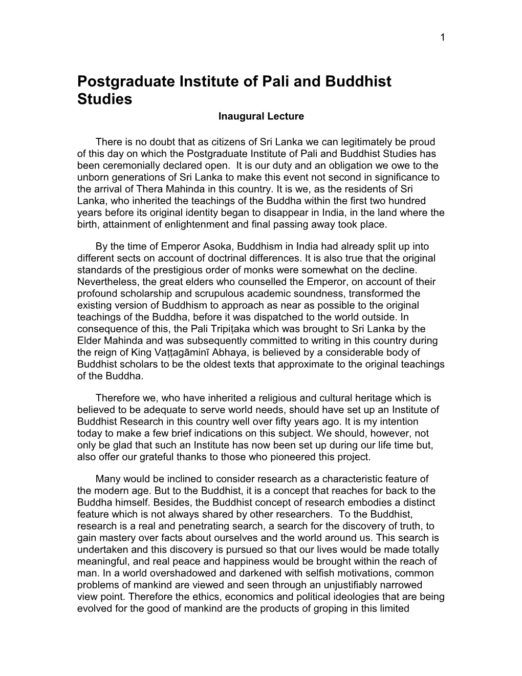 Postgraduate Institute of Pali and Buddhist Studies -Inaugural Lecture